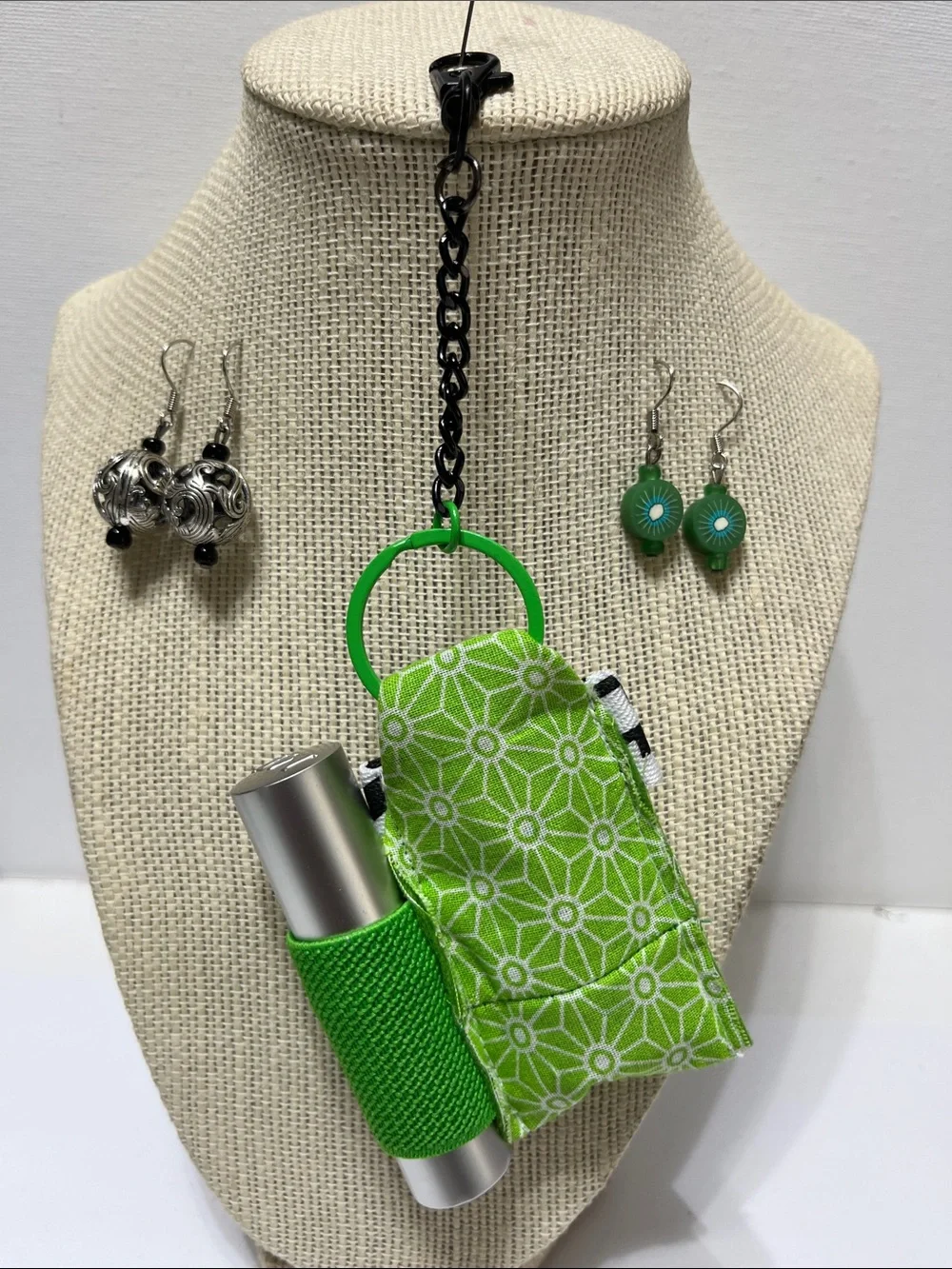 Gift Set Green Double Lip Balm Lipstick Holder Keychain 2 pr Earrings